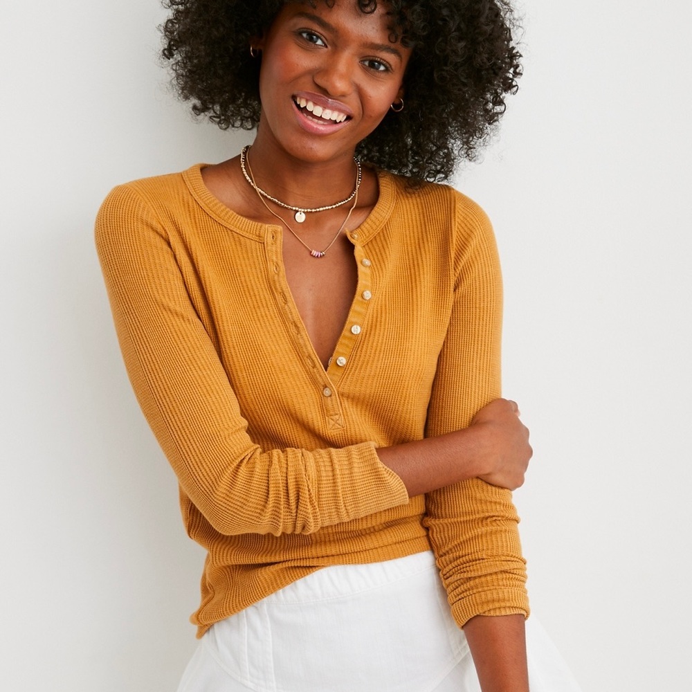 Aerie Waffle Long Sleeve Henley T-Shirt - Honey